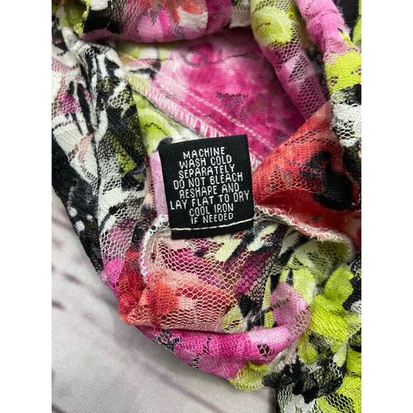 Linear Button Front Lace Shirt Womens M Floral Tie Front Roll Tab Nylon Stretch - Picture 13 of 15